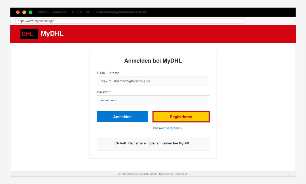 Anmeldebildschirm von MyDHL mit hervorgehobener Registrierungs-Schaltfläche