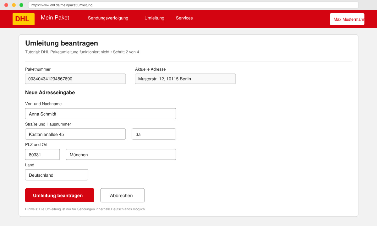 Formular zur Paketumleitung mit neuer Adresseingabe