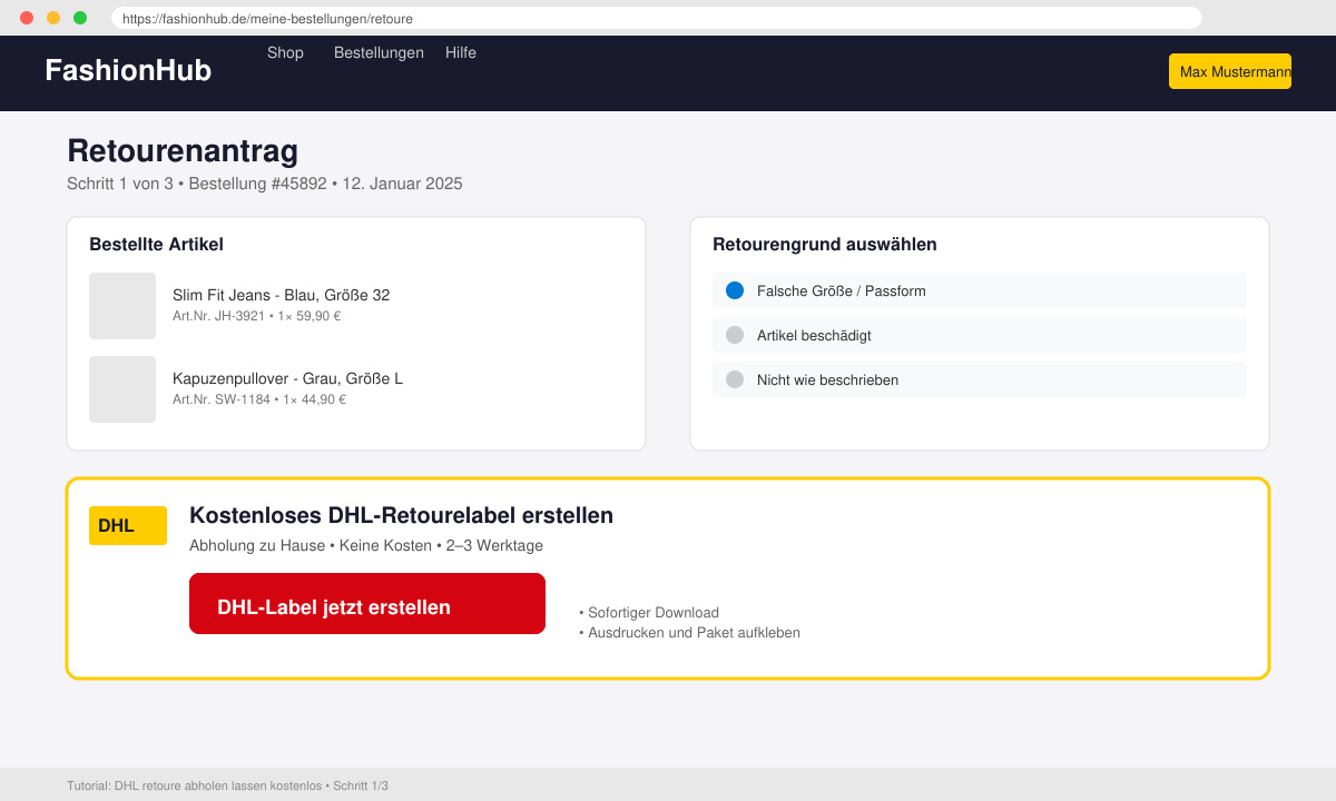 Screenshot of a webshop return request form with DHL label generation