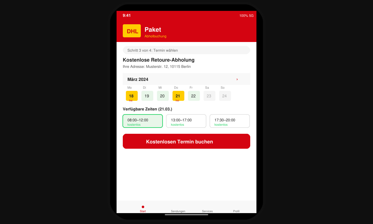 Mobile screen showing DHL app booking a free return pickup with date selection