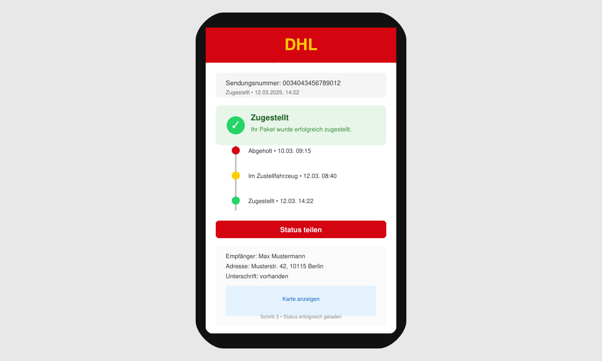 DHL App mit erfolgreichem Sendungsstatus
