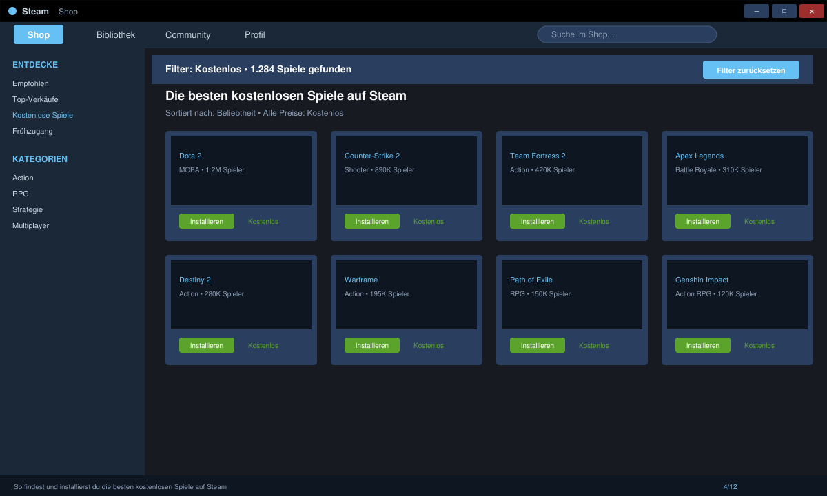 Steam-Client mit geöffnetem Store und Suchleiste für kostenlose Spiele