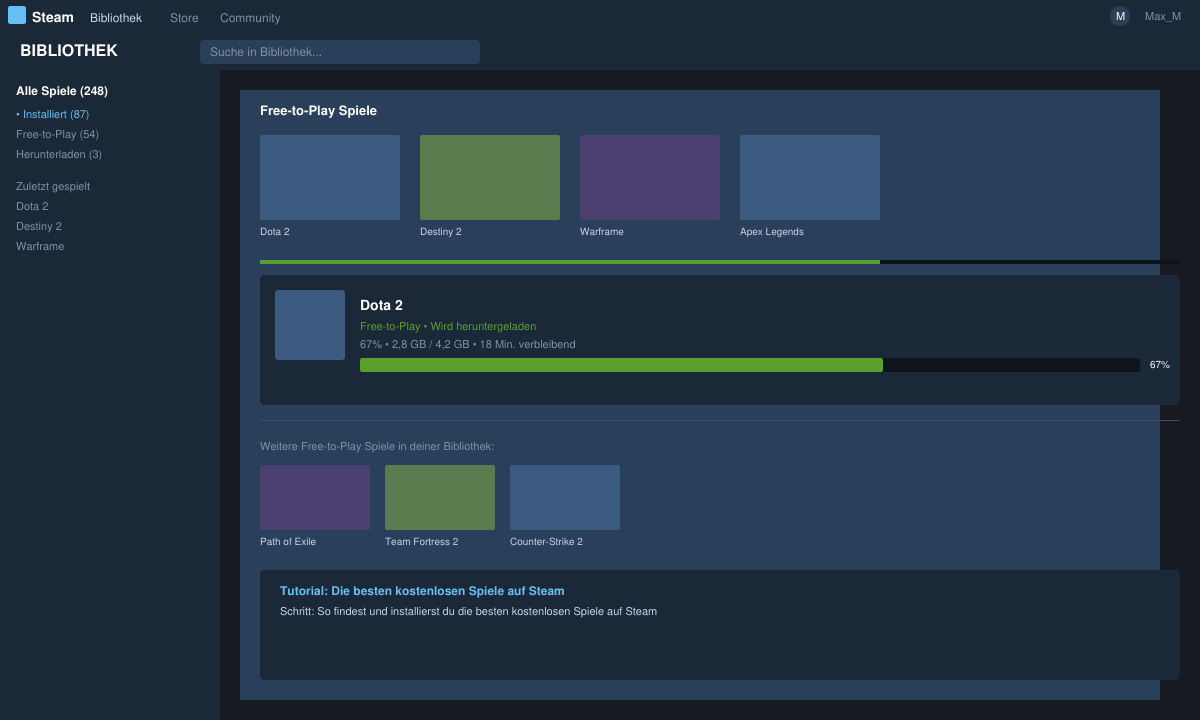 Installationsfortschritt eines Free-to-Play-Spiels in der Steam-Bibliothek