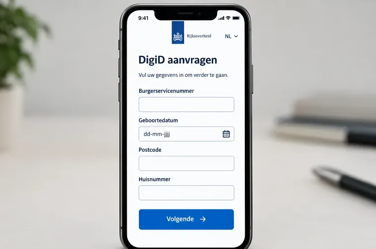 Illustratieve mobiele weergave van een DigiD-formulier met BSN, geboortedatum, postcode en huisnummer