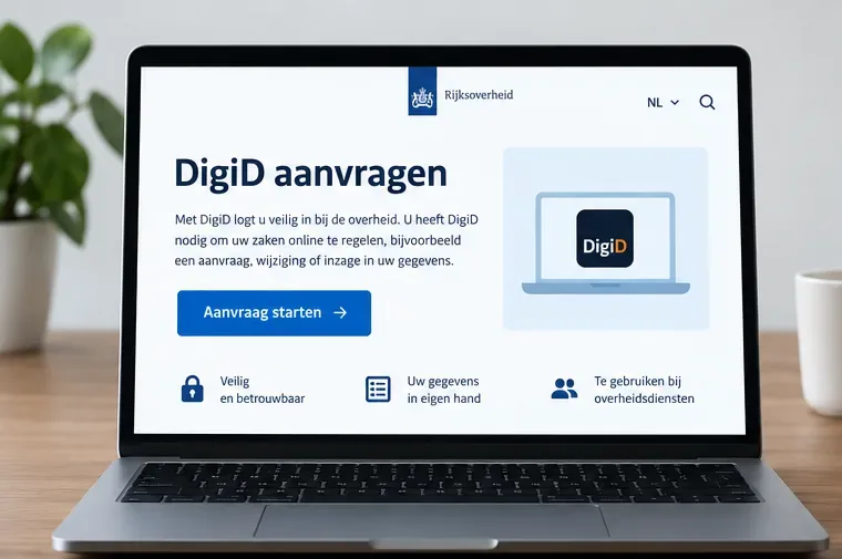 Illustratieve weergave van een laptop met de DigiD-pagina en de knop Aanvraag starten