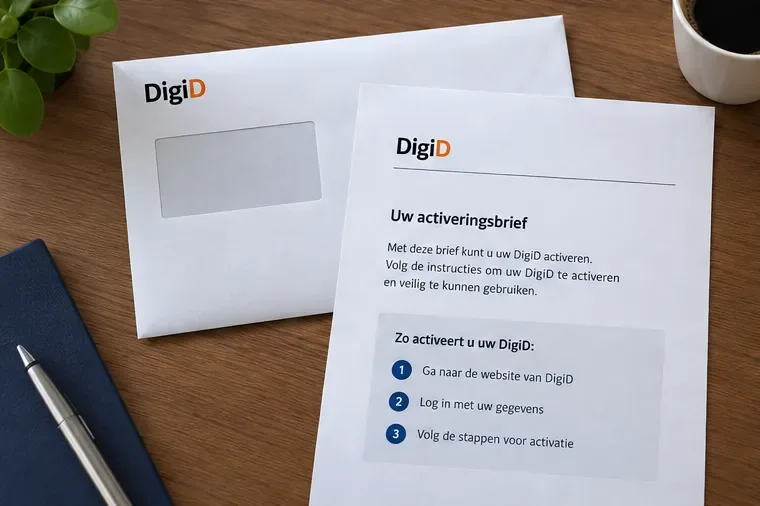 Illustratieve activeringsbrief van DigiD naast een envelop op een bureau