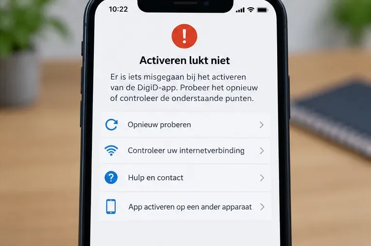 Voorbeeldweergave van een telefoon met een melding dat activeren niet lukt en opties om opnieuw te proberen of de verbinding te controleren
