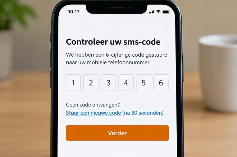 Voorbeeldweergave van een telefoon waarop een zescijferige sms-code voor DigiD wordt ingevoerd