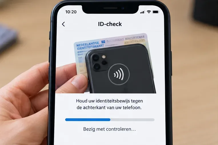 Voorbeeldweergave van een smartphone die via NFC een Nederlandse identiteitskaart probeert uit te lezen voor een DigiD ID-check