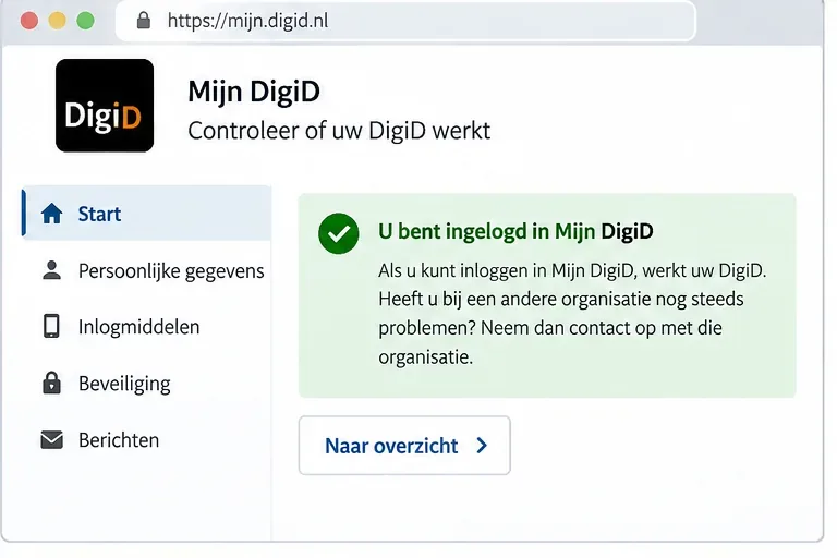 Illustratie van Mijn DigiD met een groene bevestiging dat inloggen is gelukt