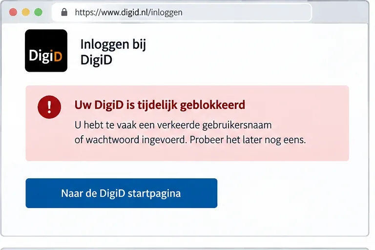 Illustratie van een DigiD-inlogscherm met een duidelijke melding dat DigiD tijdelijk is geblokkeerd