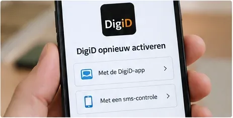 Smartphone met een DigiD-scherm waarop opties voor opnieuw activeren worden getoond