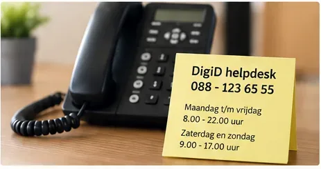 Bureautelefoon naast een notitie met het nummer van de DigiD-helpdesk en openingstijden