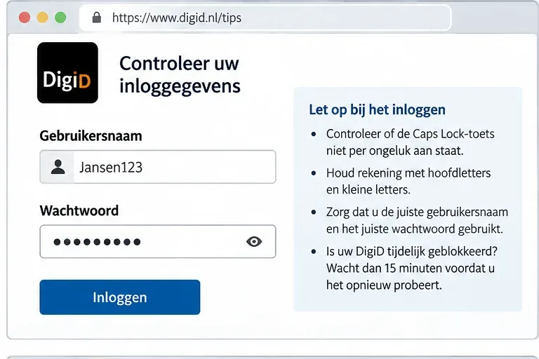 Illustratie van een DigiD-inlogvenster met velden voor gebruikersnaam en wachtwoord en controlepunten ernaast