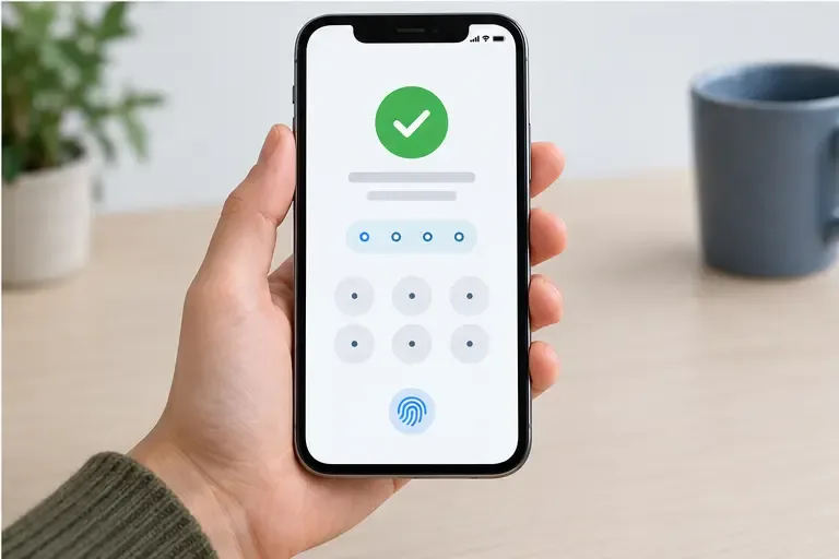 Nieuwe smartphone met een generiek beveiligd app-scherm met een groen vinkje en een pincodeveld