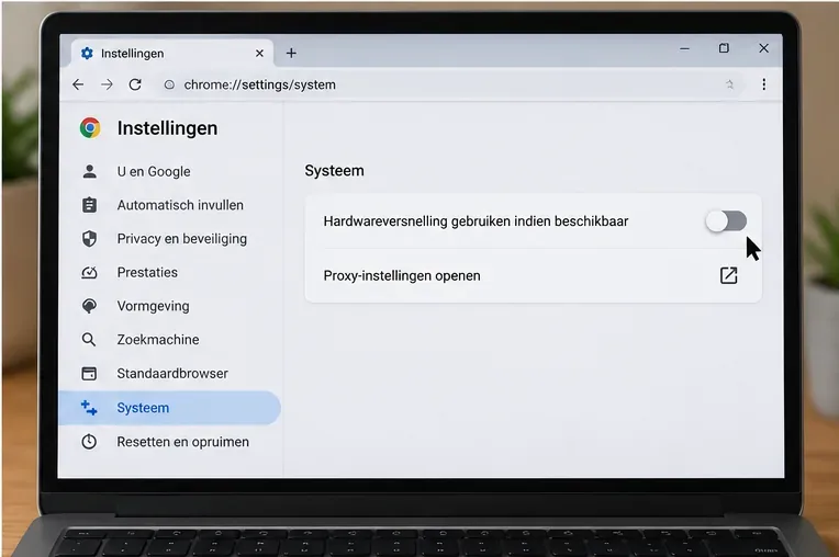 Een laptop toont de systeeminstellingen van Chrome met hardwareversnelling uitgeschakeld.