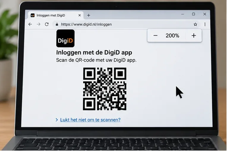 Een laptop toont een DigiD-inlogscherm met een vergrote QR-code en browserzoom op 200 procent.