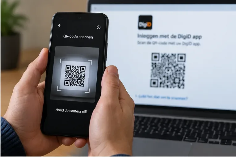 Een smartphone wordt voor een laptop gehouden om een QR-code op het scherm te scannen.