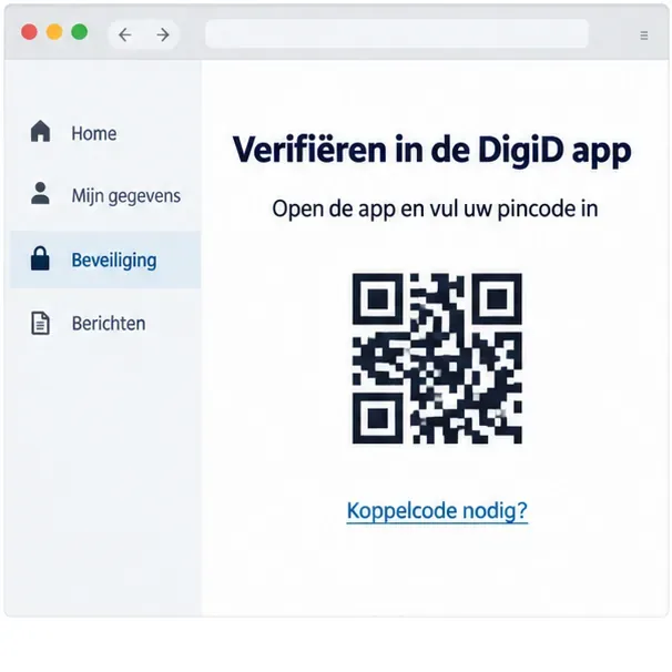 Illustratieve DigiD-appschermweergave met Verifiëren in de DigiD app en de optie Koppelcode nodig