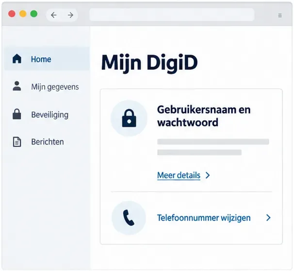 Illustratieve schermweergave van Mijn DigiD met de opties Meer details en Telefoonnummer wijzigen