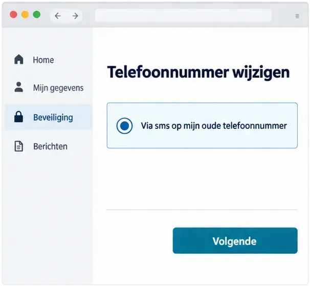 Illustratieve DigiD-schermweergave met de keuze Via sms op mijn oude telefoonnummer en de knop Volgende