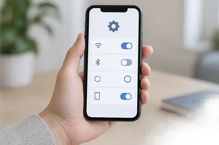 Smartphone met een neutraal instellingenpaneel met verbindingen, vernieuwen en schakelaars