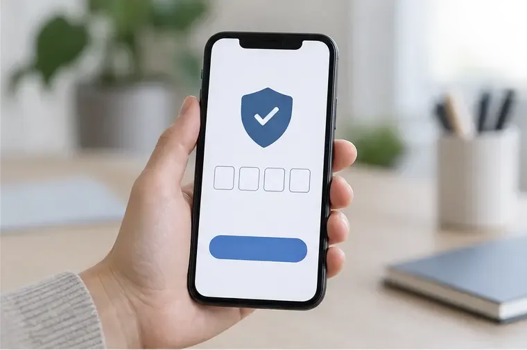 Smartphone in een hand met een neutraal beveiligingsscherm, schildpictogram en vier lege pincodevakken