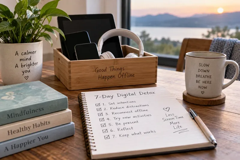 A completed seven-day digital detox checklist beside a box holding phones, headphones, books, and a mug