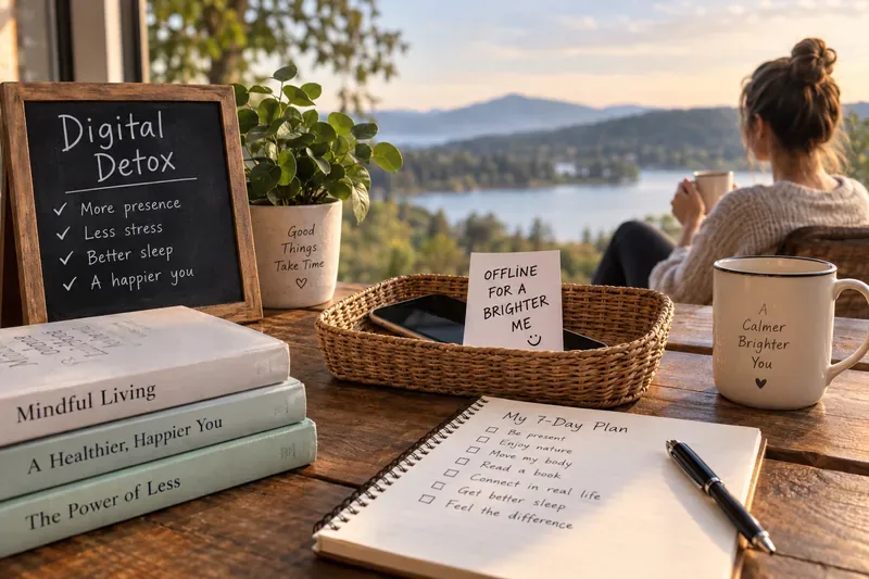 A woman relaxing with a mug near a lake while a phone rests in a basket beside a digital detox checklist