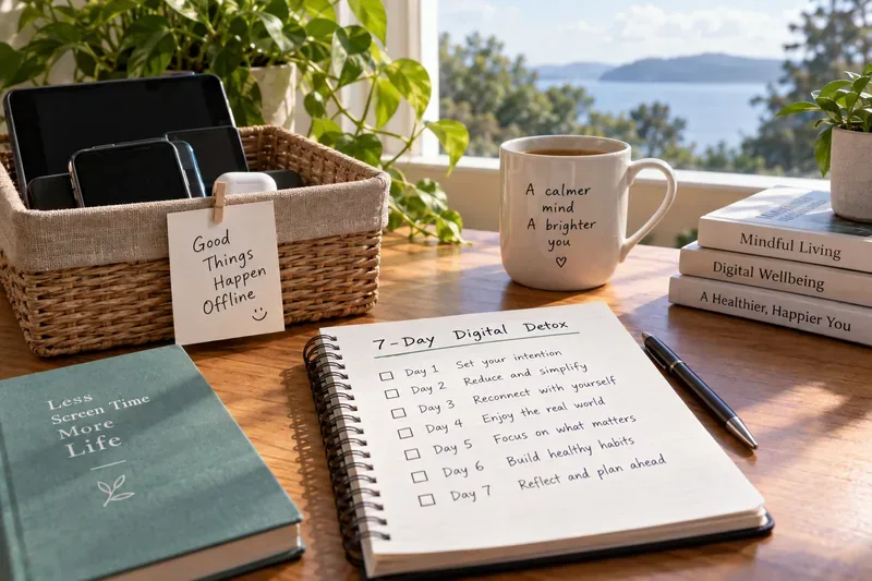 A basket of devices, a notebook labeled seven-day digital detox, mindfulness books, and a mug on a bright table