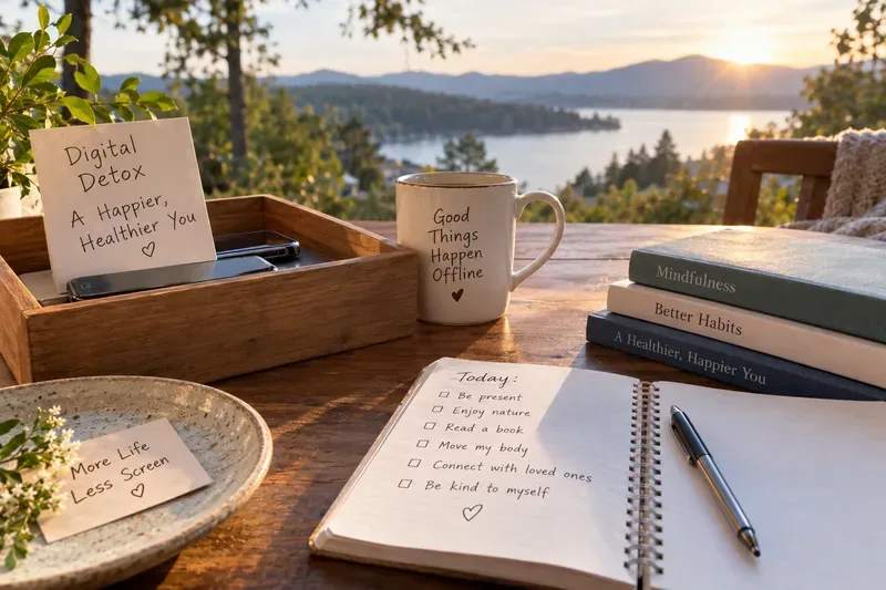 A journal with a self-care checklist beside stored phones, mindfulness books, and a mug overlooking a lake at sunset