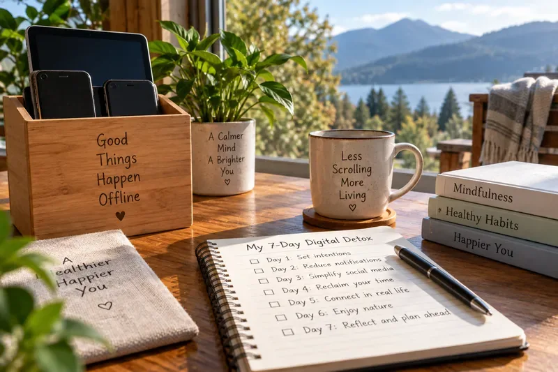 Several powered-down phones and a tablet stored in a wooden box beside a handwritten seven-day digital detox planner