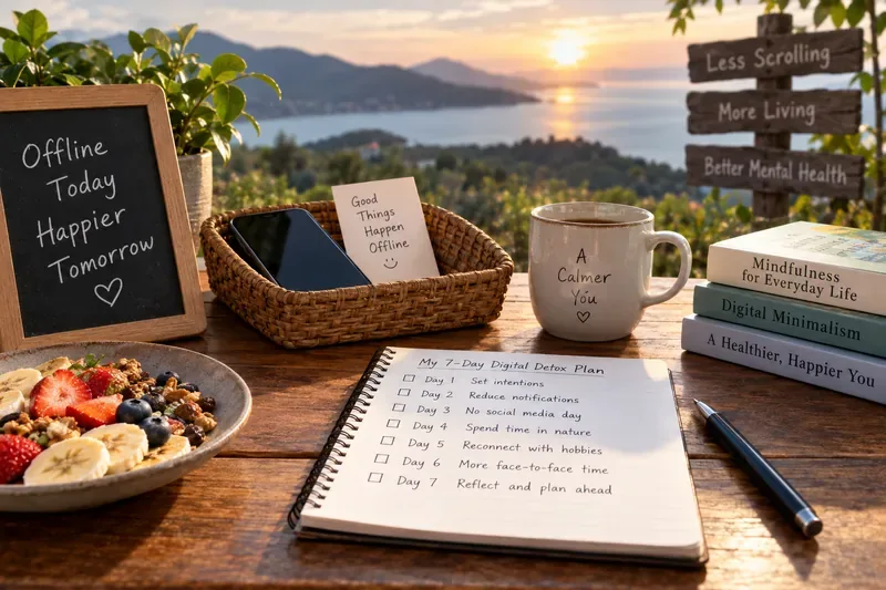 A phone set aside in a basket beside breakfast, mindfulness books, and a handwritten seven-day digital detox plan at sunset