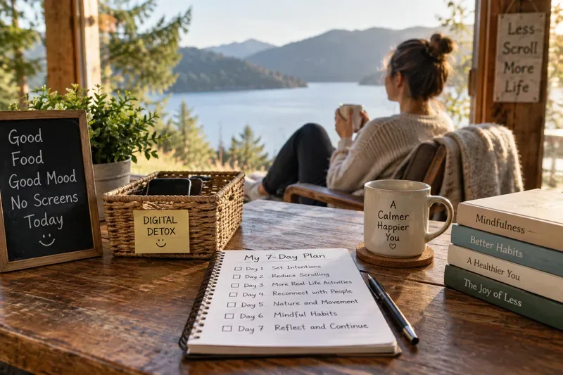 A woman sitting quietly with a mug overlooking a lake while phones rest in a basket and a seven-day plan lies on the table