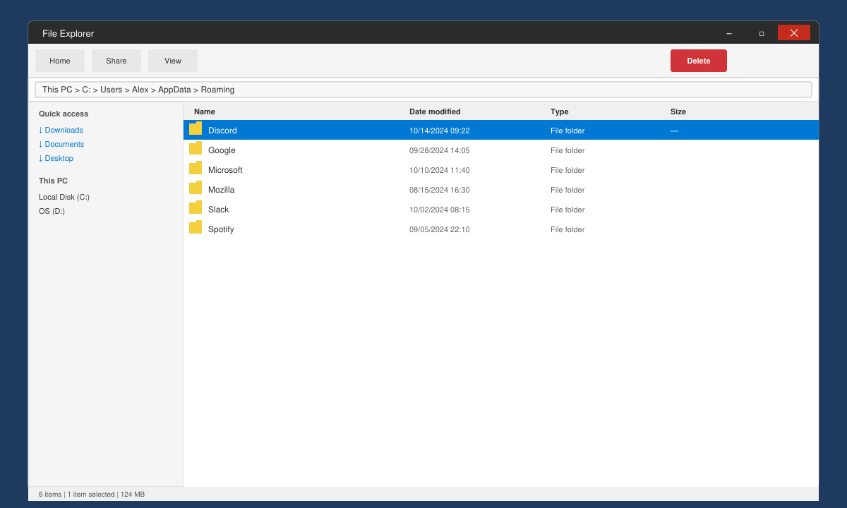 File Explorer window open to the AppData Roaming folder with the Discord folder highlighted for deletion