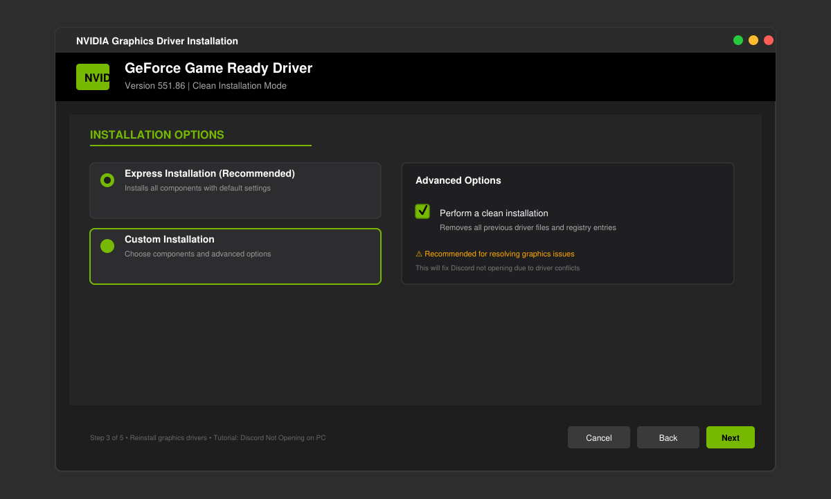 Clean driver installation screen from the NVIDIA installer with the Perform a clean installation checkbox selected