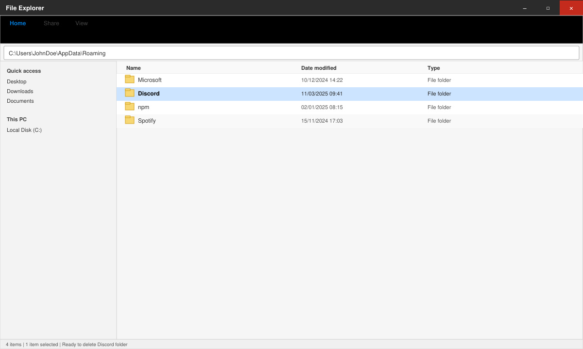 Windows File Explorer window open to the AppData Roaming folder highlighting the Discord directory ready for deletion