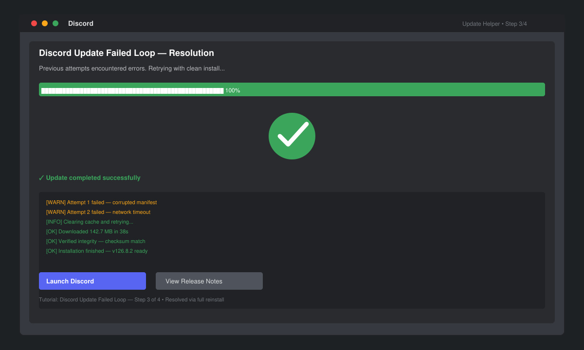 Discord update progress bar successfully completing after previous errors, showing green checkmark on desktop