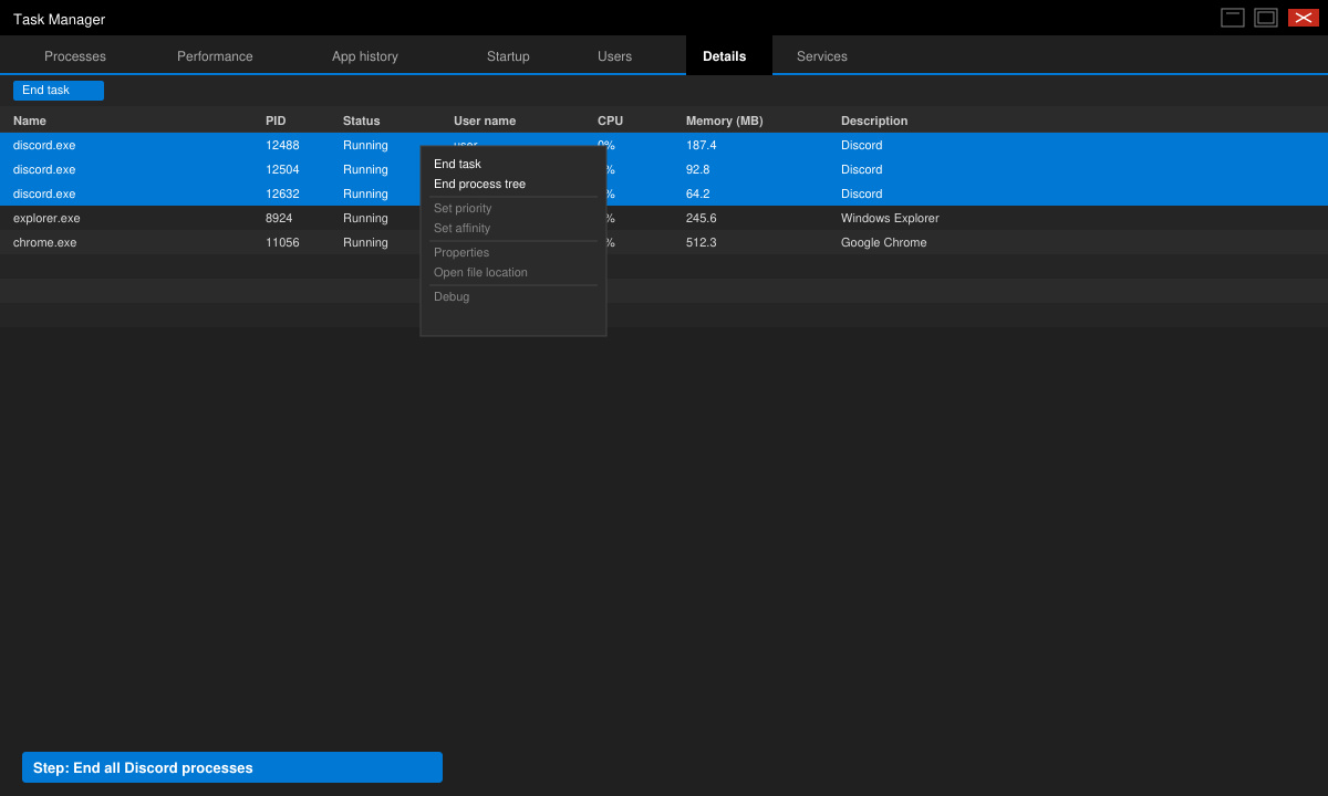 Task Manager Details tab highlighting multiple Discord.exe entries being ended