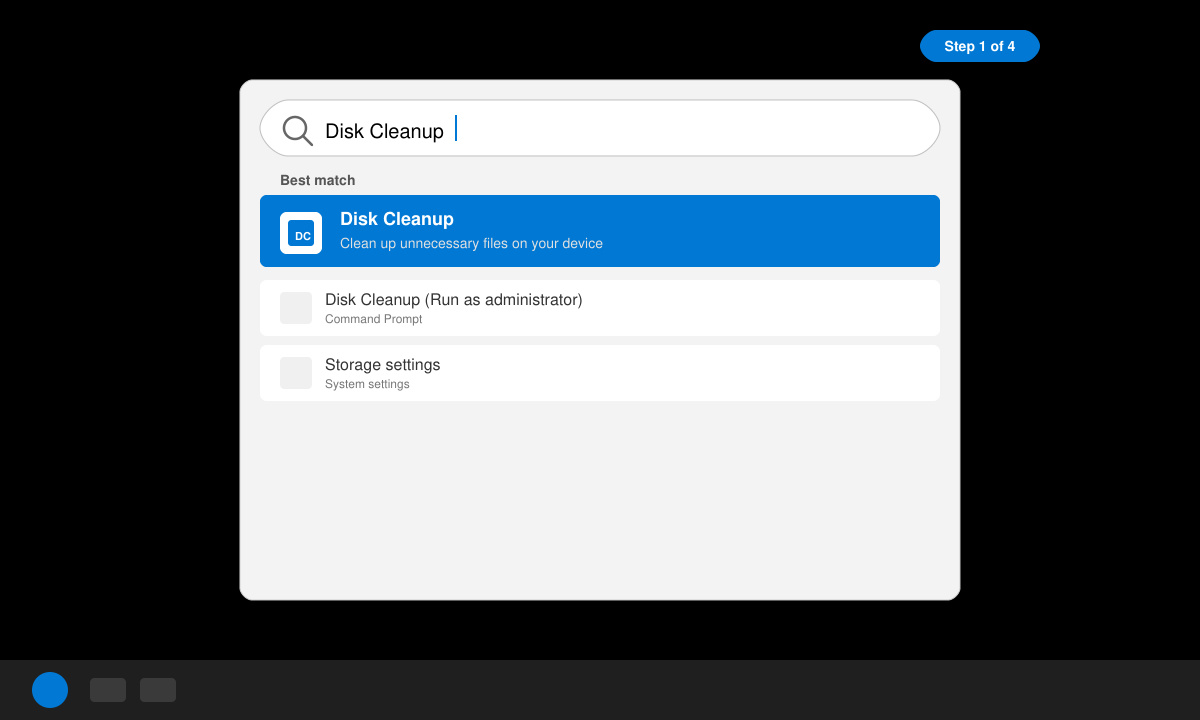 Windows 11 search bar showing “Disk Cleanup” typed with the correct app result selected