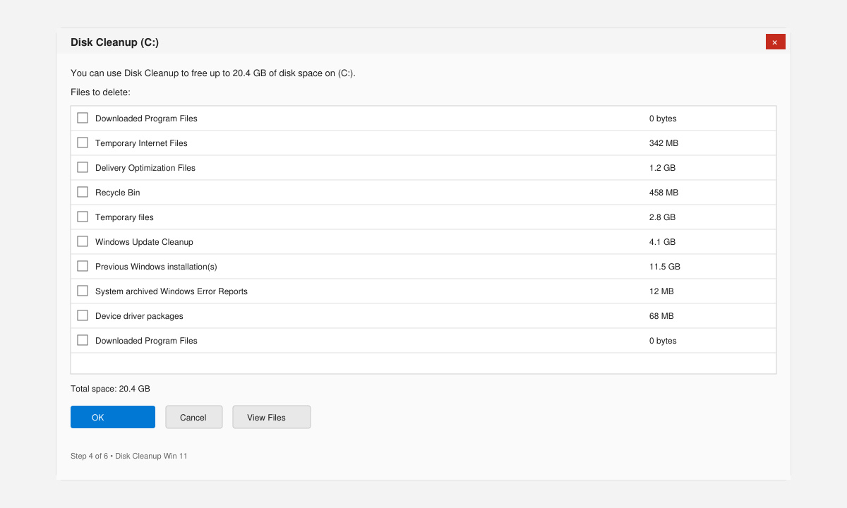Disk Cleanup window in Windows 11 with system files option selected and space amounts displayed