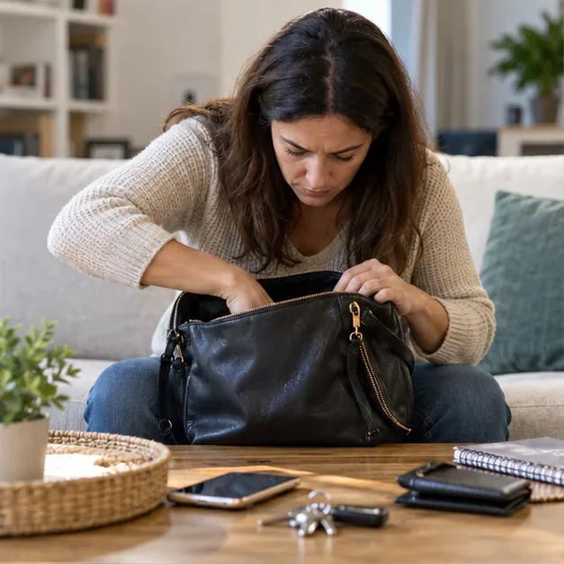 Una mujer busca en su bolso sobre una mesa de casa después de no encontrar su documento de identidad.