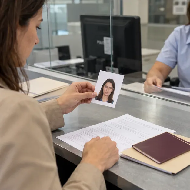 Una solicitante muestra una fotografía reciente y documentos sobre el mostrador de una oficina de expedición.