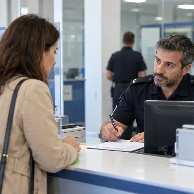 Una mujer comunica la pérdida de un documento ante un agente en un mostrador de atención policial.