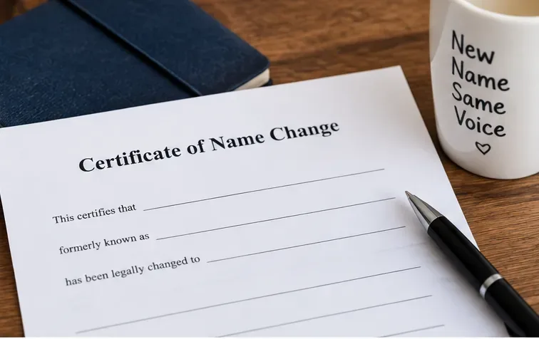 A neutral certificate of name change on a desk beside a pen and notebook