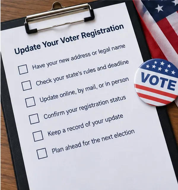 A voter registration update checklist with reminders to confirm a new address or legal name, check state rules, and verify status