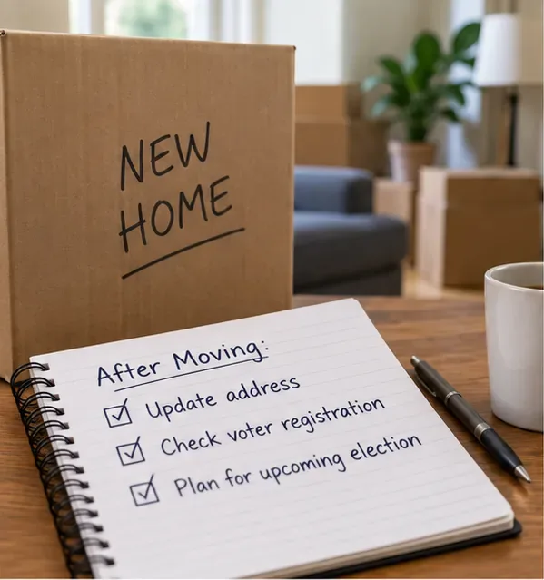Moving boxes beside a notebook checklist reminding a voter to update an address and check voter registration