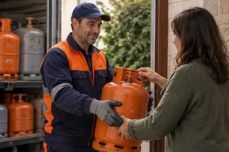 Repartidor entregando y recogiendo una bombona de gas durante un intercambio en un domicilio