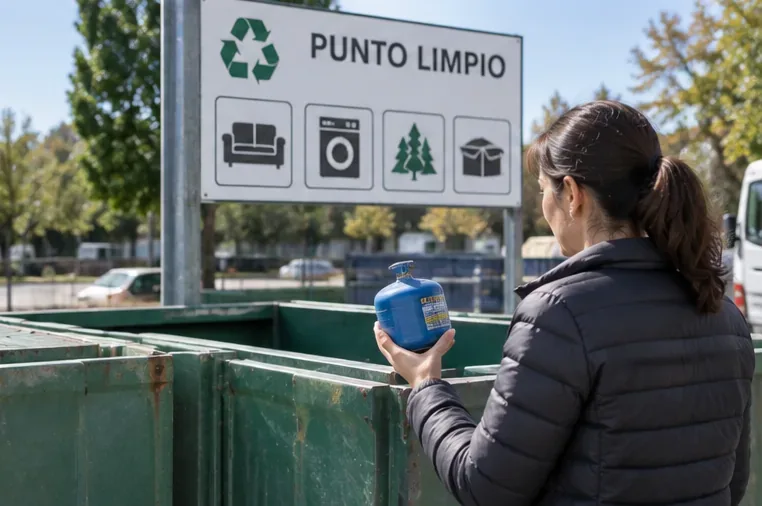 Persona sosteniendo un pequeño cartucho de gas frente a un cartel de punto limpio y contenedores de recogida