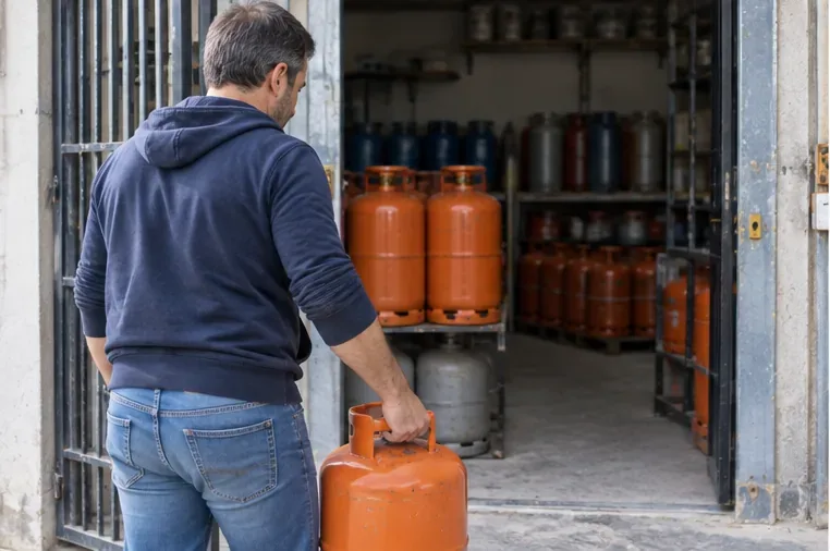 Persona llevando una bombona de gas hacia un almacén con otros envases almacenados en posición vertical